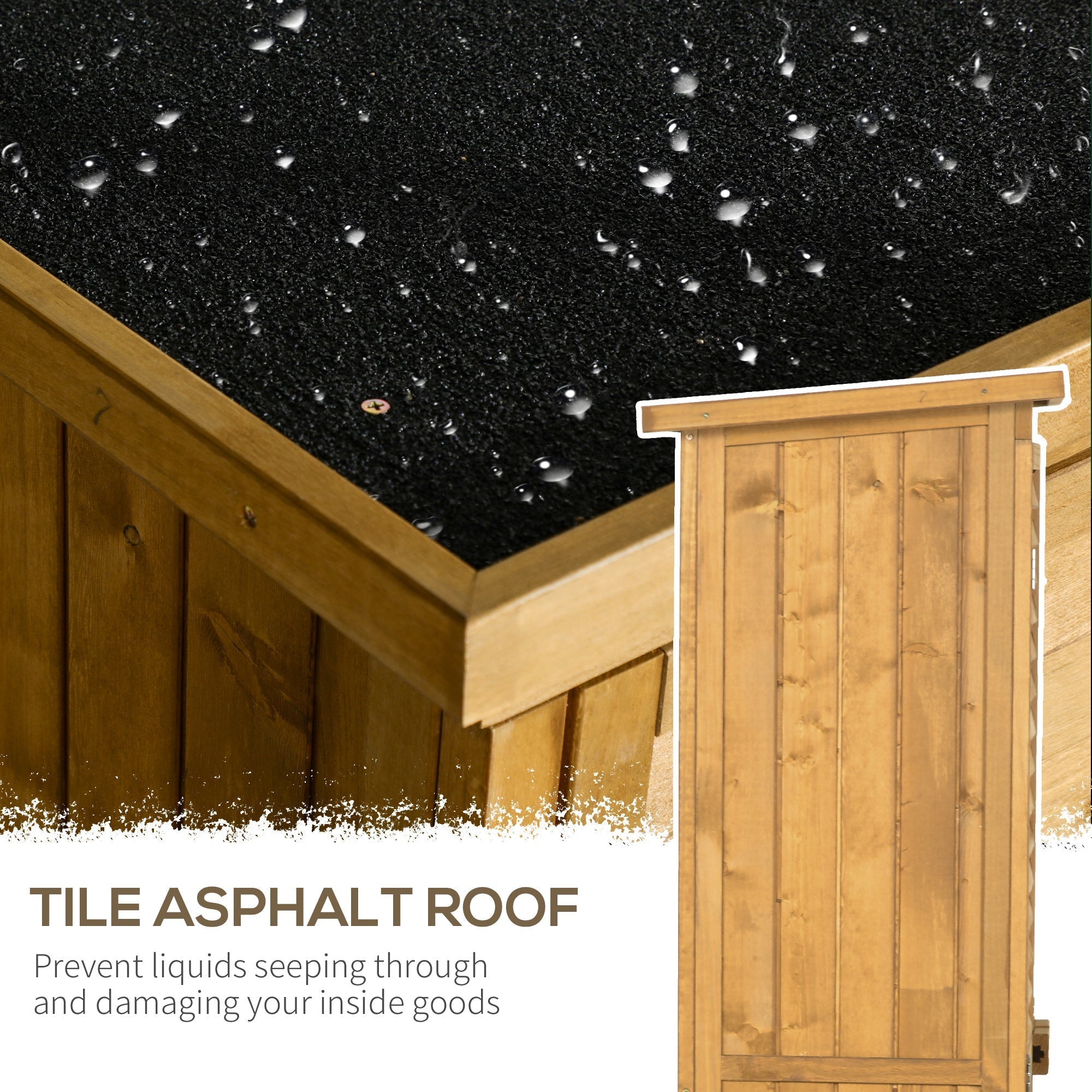 Black asphalt roof with water droplets on the fir wood outsunny garden storage shed for compact outdoor storage