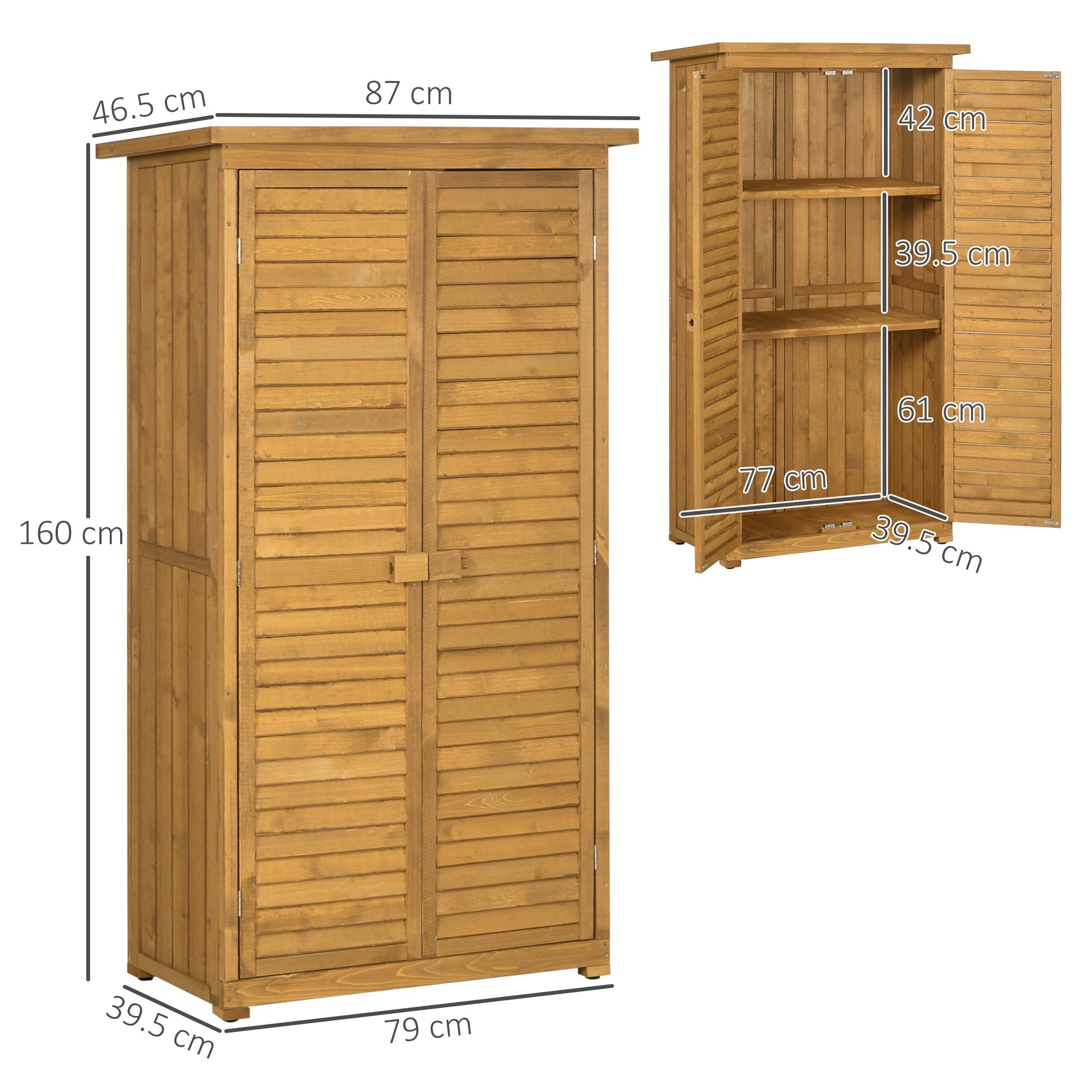 Outsunny tall light brown fir wood garden storage shed with louvered doors and 3-tier shelves for tool organization
