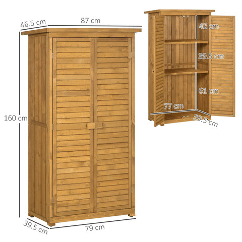 Outsunny tall light brown fir wood garden storage shed with louvered doors and 3-tier shelves for tool organization