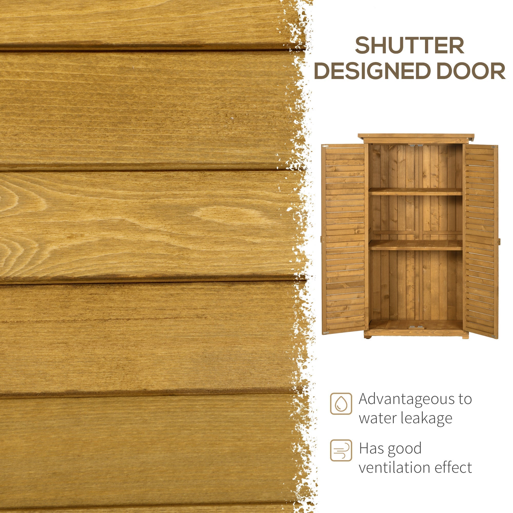 Outsunny wooden garden storage shed with fir wood shutter doors and 3-tier shelves for compact outdoor storage