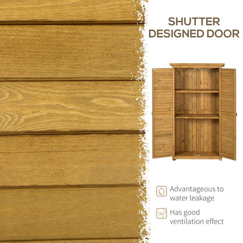 Outsunny wooden garden storage shed with fir wood shutter doors and 3-tier shelves for compact outdoor storage