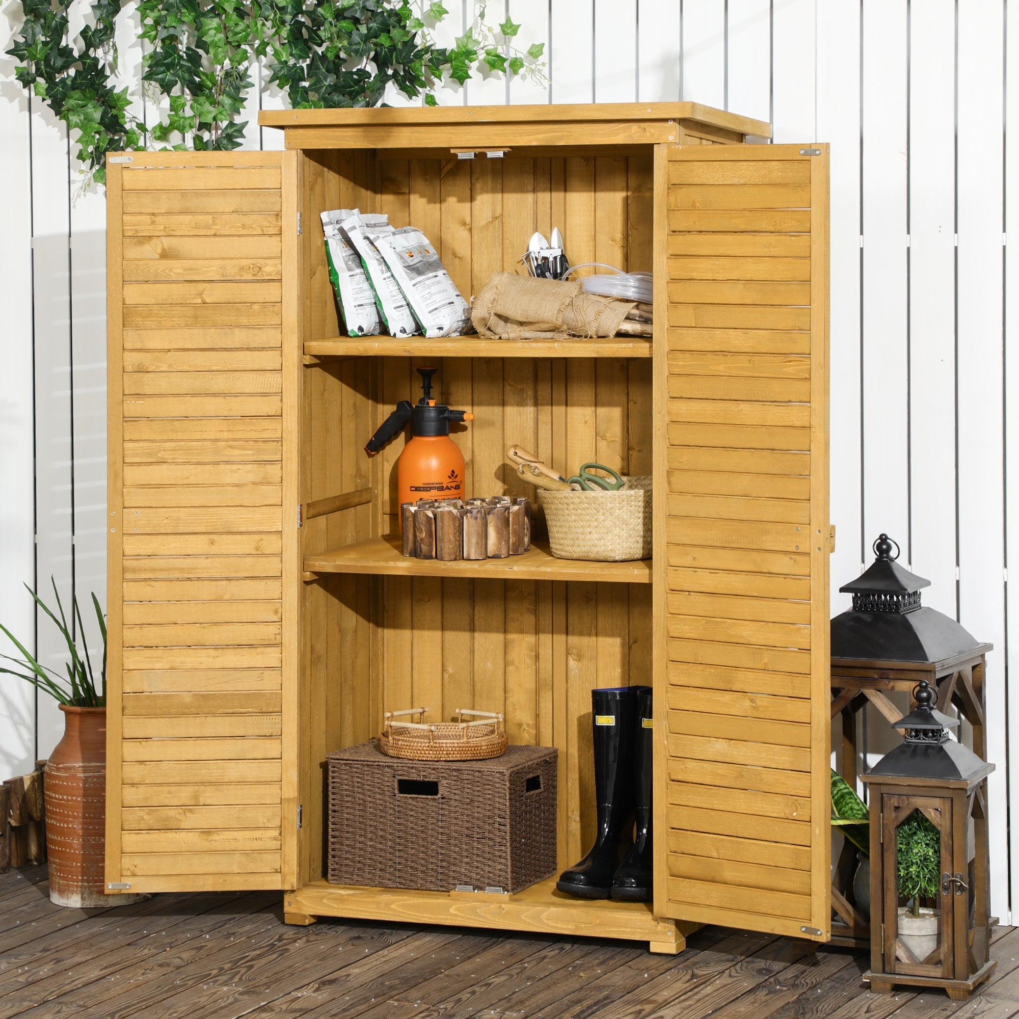 Light brown fir wood garden storage shed with slatted doors and 3-tier shelves for tool organization