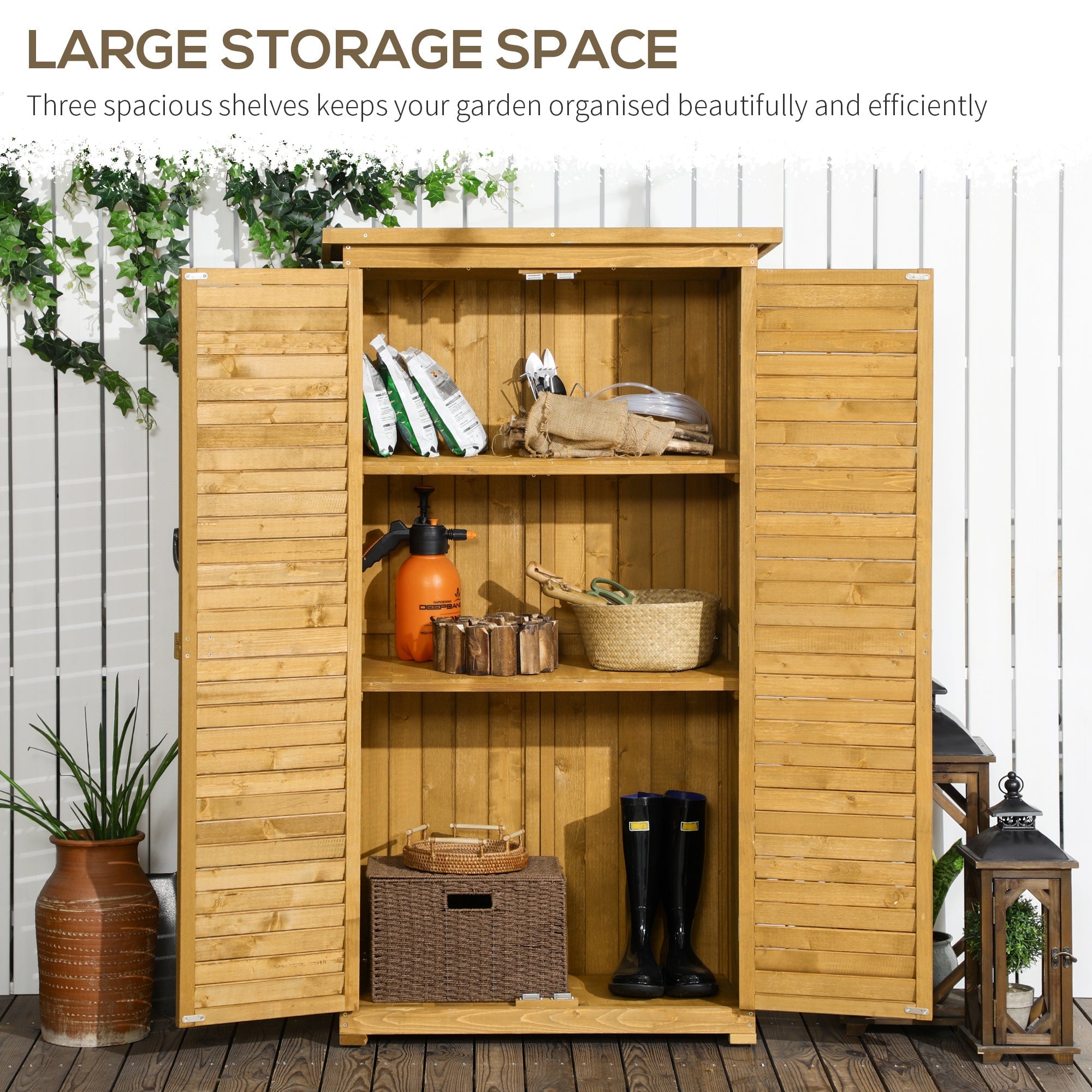 Light brown fir wood garden storage shed with 3 spacious shelves and slatted doors for organized storage