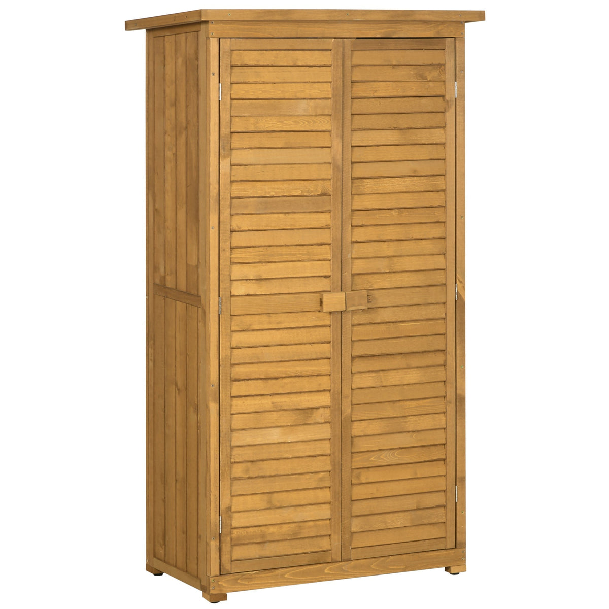 Light brown fir wood garden storage shed with slatted doors flat top and asphalt roof for outdoor storage