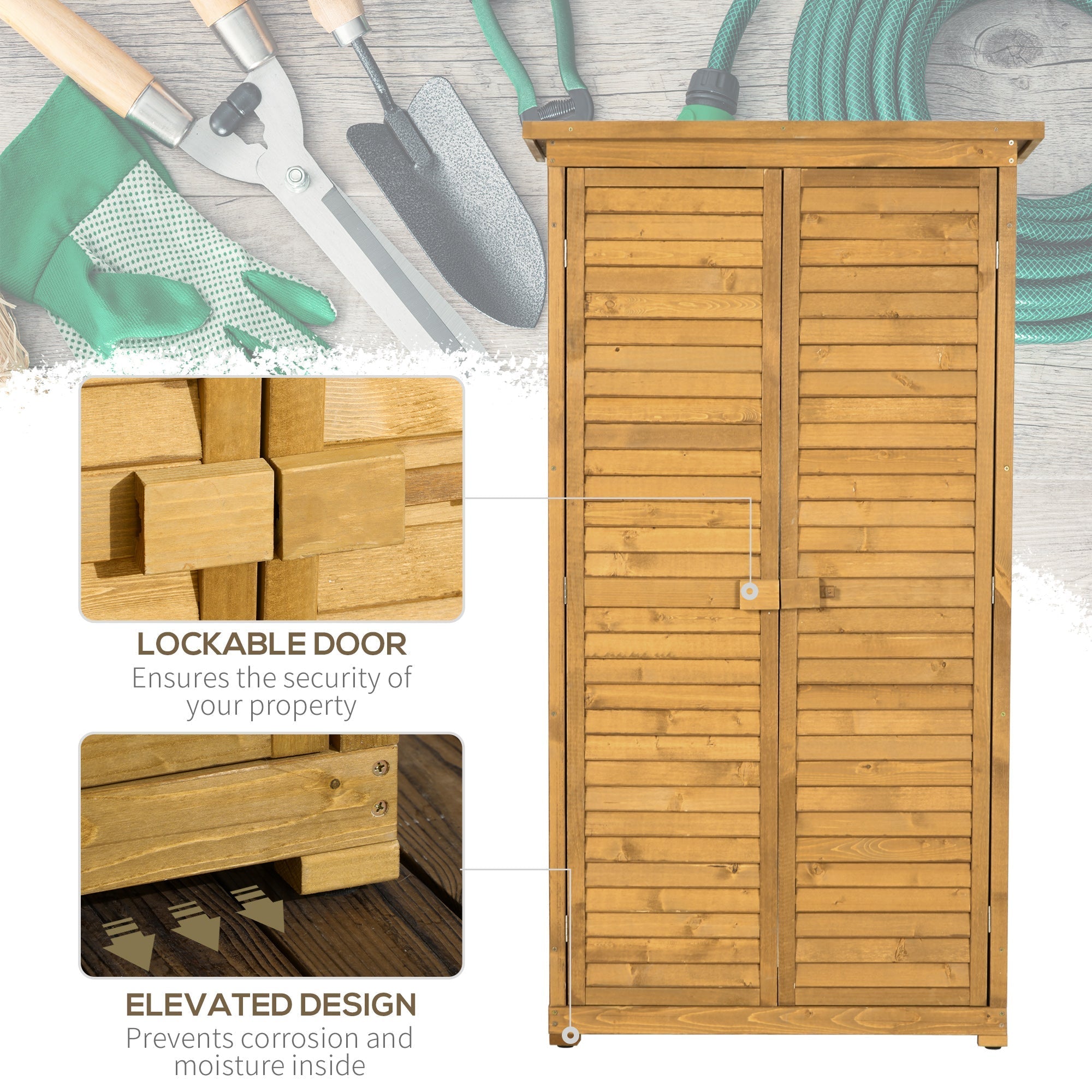 Outsunny light brown fir wood garden storage shed with slatted doors lockable mechanism and asphalt roof