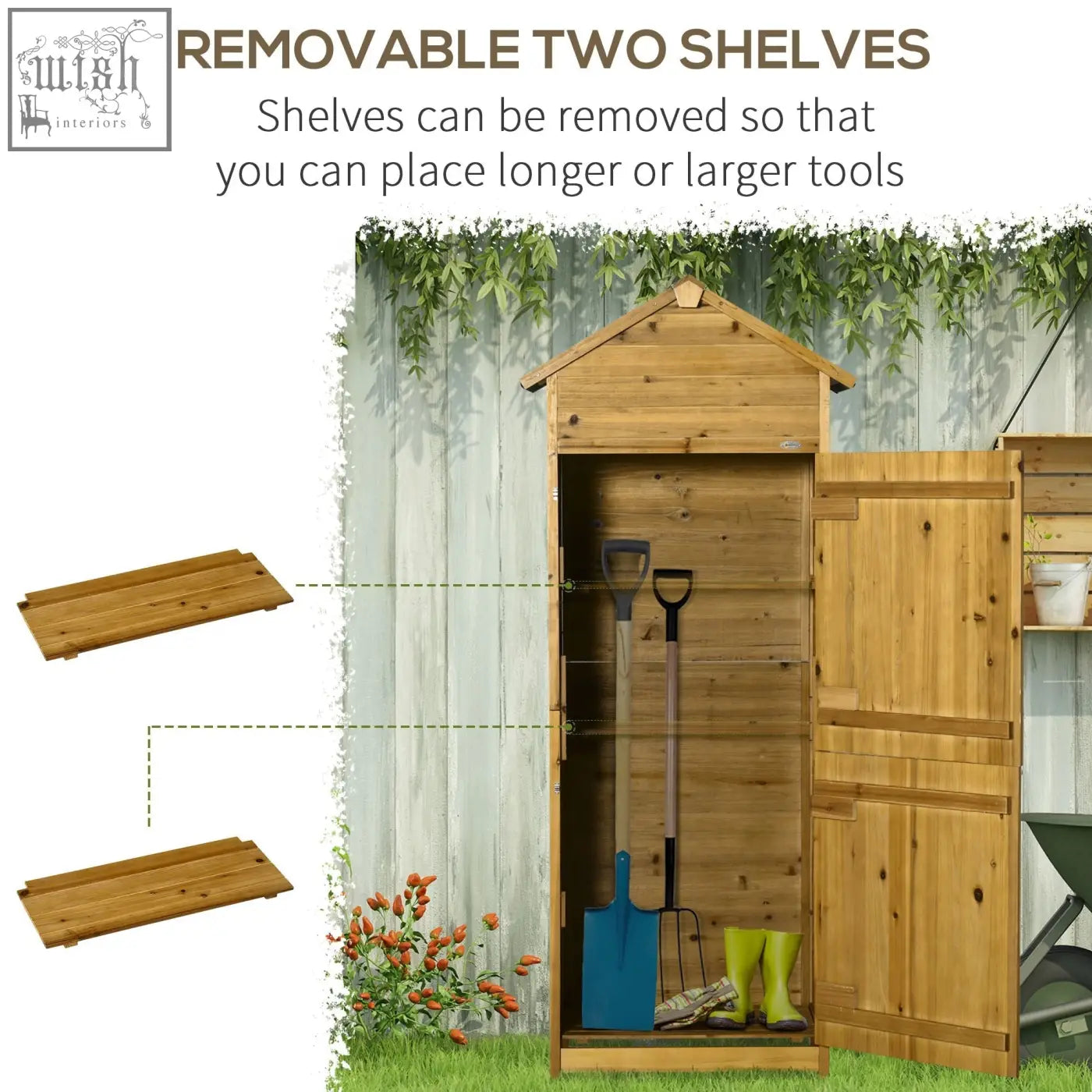 Light brown fir wood garden storage shed with natural wood effect, removable shelves, peaked roof, and double doors