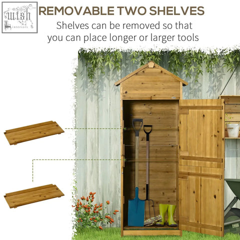 Light brown fir wood garden storage shed with natural wood effect, removable shelves, peaked roof, and double doors