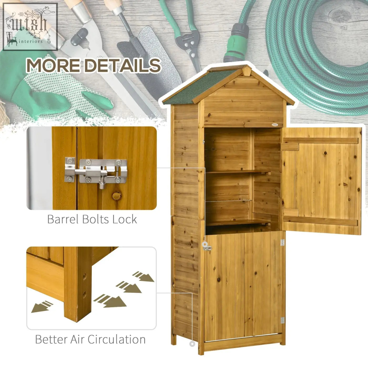 A light brown fir wood garden storage shed with natural wood effect, green roof, double doors, and barrel bolts lock