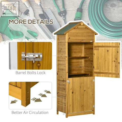 A light brown fir wood garden storage shed with natural wood effect, green roof, double doors, and barrel bolts lock