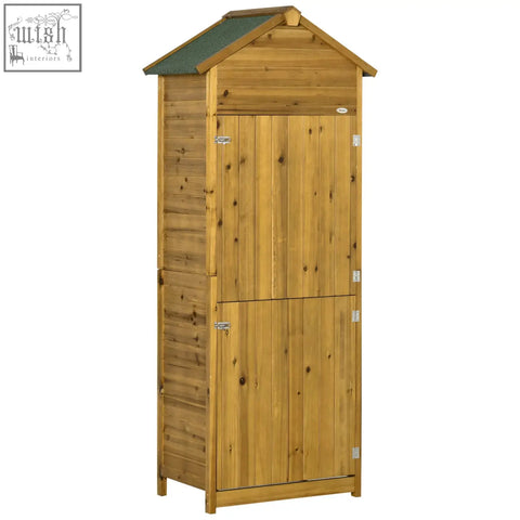 A tall light brown fir wood garden storage shed with natural wood effect green roof and two sliding doors