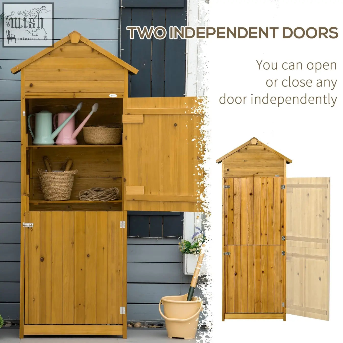 Wooden garden storage shed with fir wood natural wood effect and two doors for outdoor storage and organization