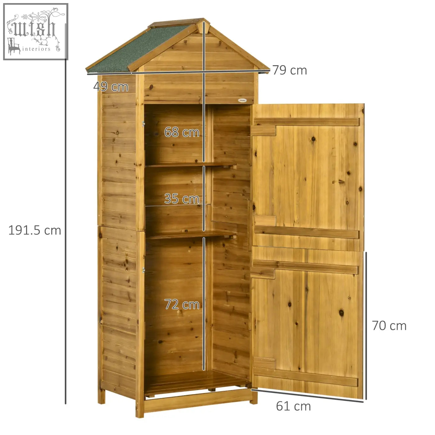 A tall light brown fir wood garden storage shed with green roof and natural wood effect interior shelves