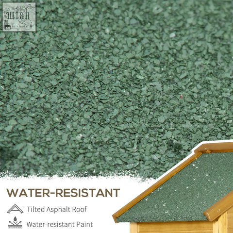 Green textured asphalt shingles with water-resistant finish on natural wood effect fir wood garden storage shed roof
