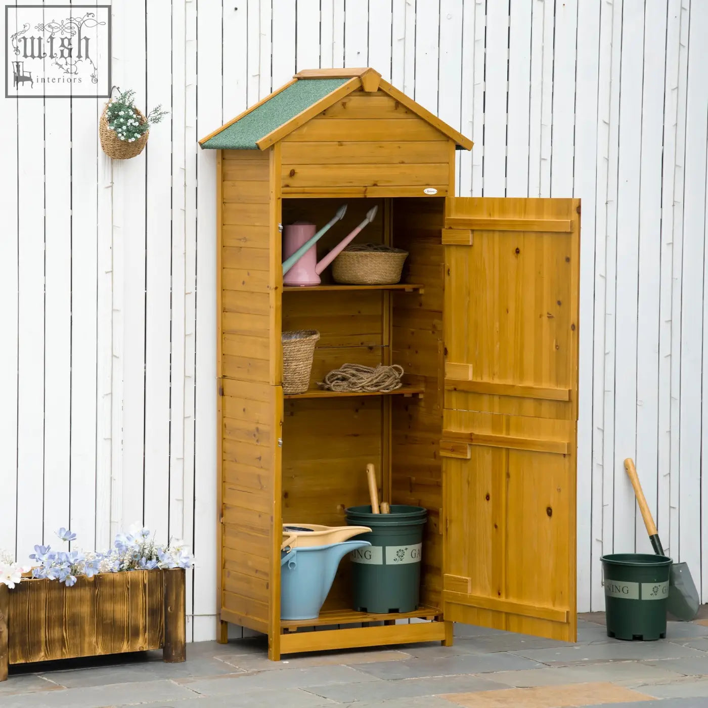 A natural wood effect fir wood garden storage shed with green roof open door and shelves for tools and containers