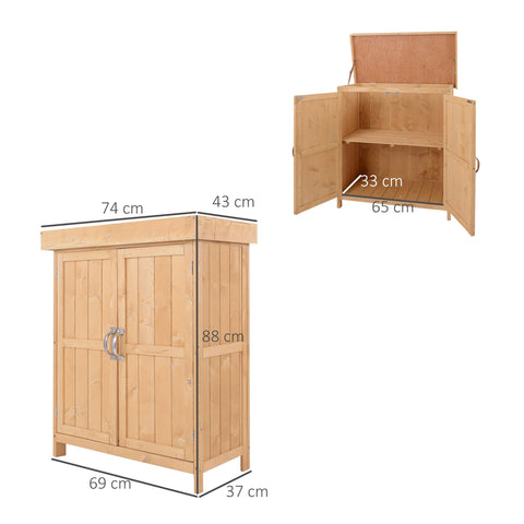 Light-colored wooden garden storage shed with double doors and hinged roof for easy outdoor garden storage