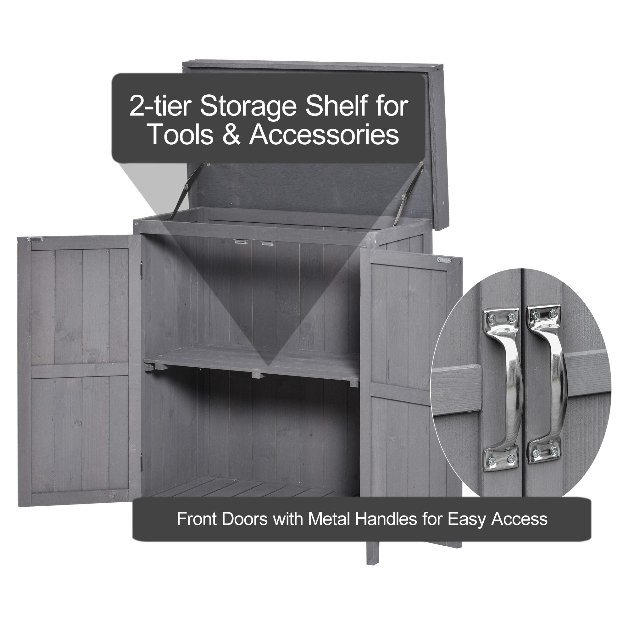 Gray wooden garden storage shed with two tiered shelves and metal handles for outdoor storage and organization