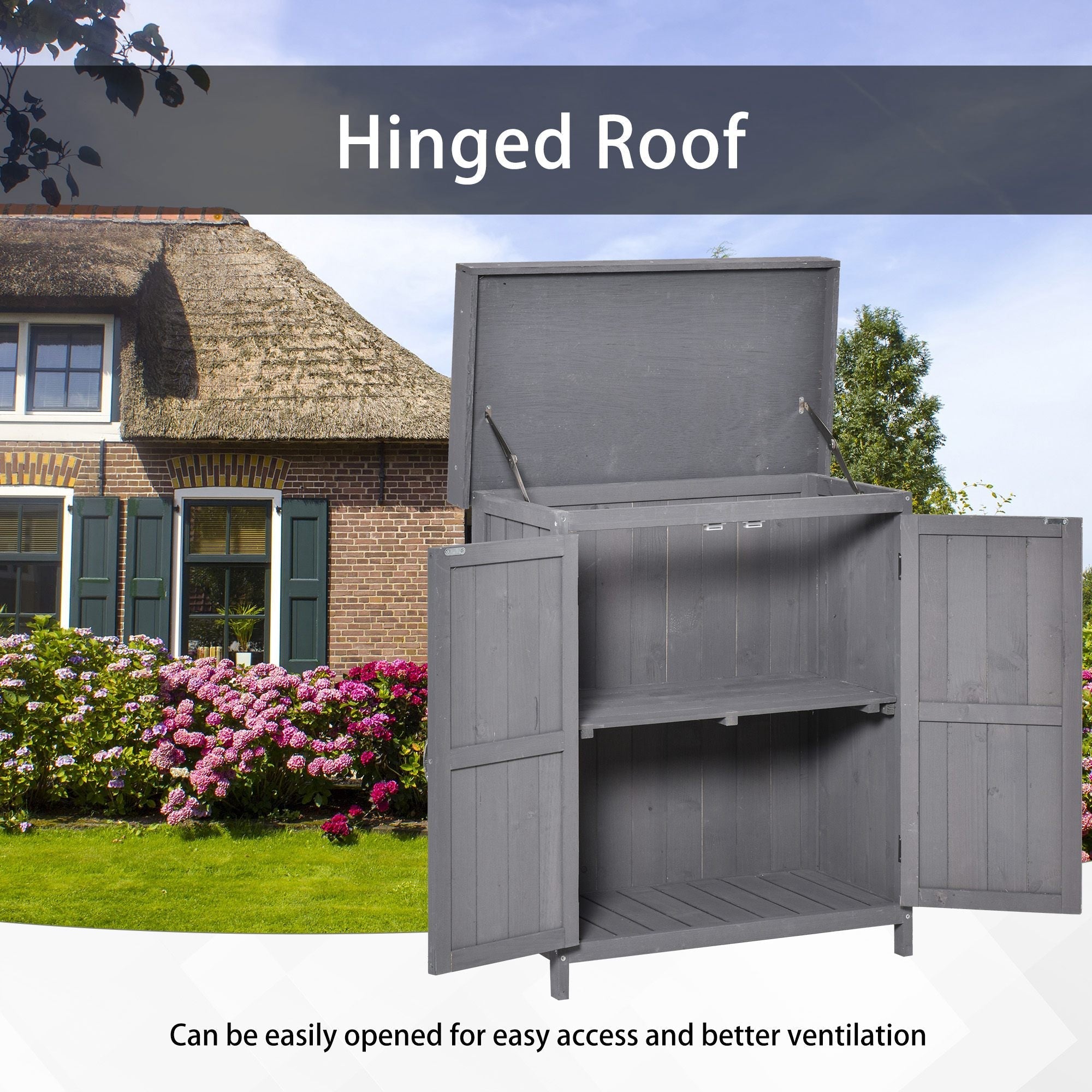 Gray wooden garden storage shed by outsunny with hinged roof side doors and internal shelf for outdoor storage