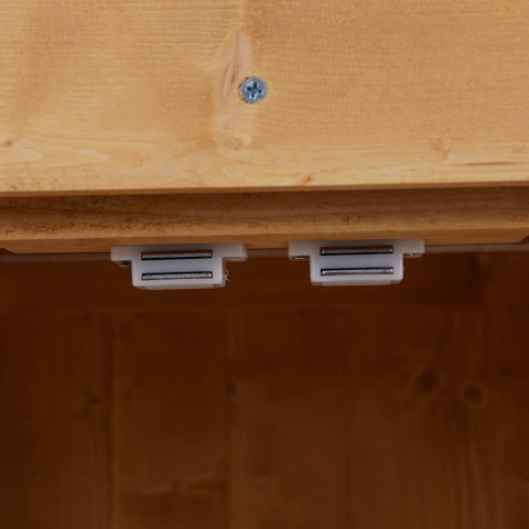 White plastic drawer runners with metal tracks installed under a burlywood outsunny wooden garden storage shed cabinet