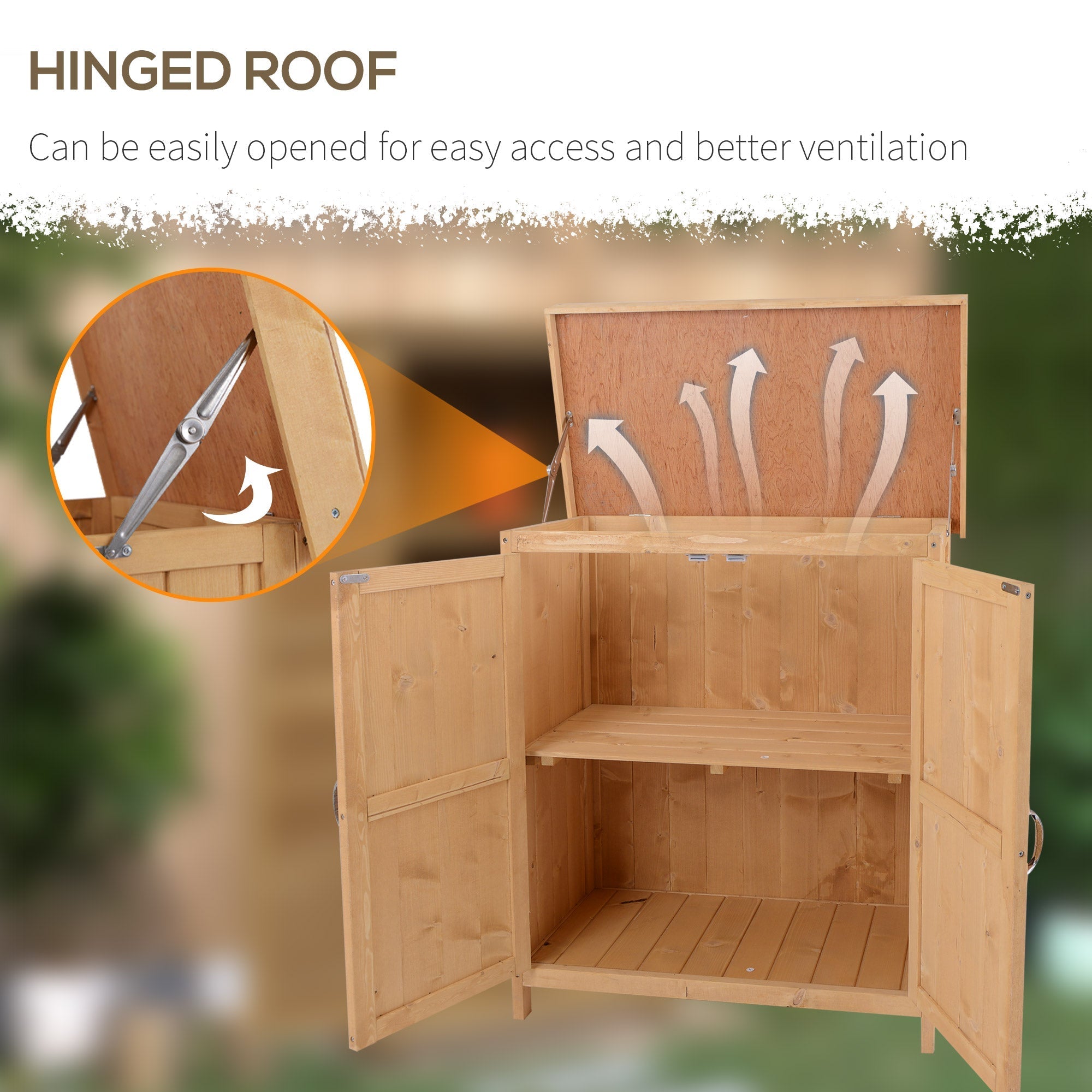Outsunny burlywood wooden garden storage shed with hinged roof double doors and interior shelf for outdoor use