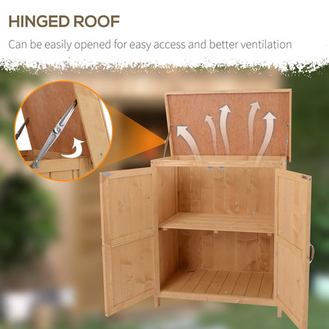 Outsunny burlywood wooden garden storage shed with hinged roof double doors and interior shelf for outdoor use