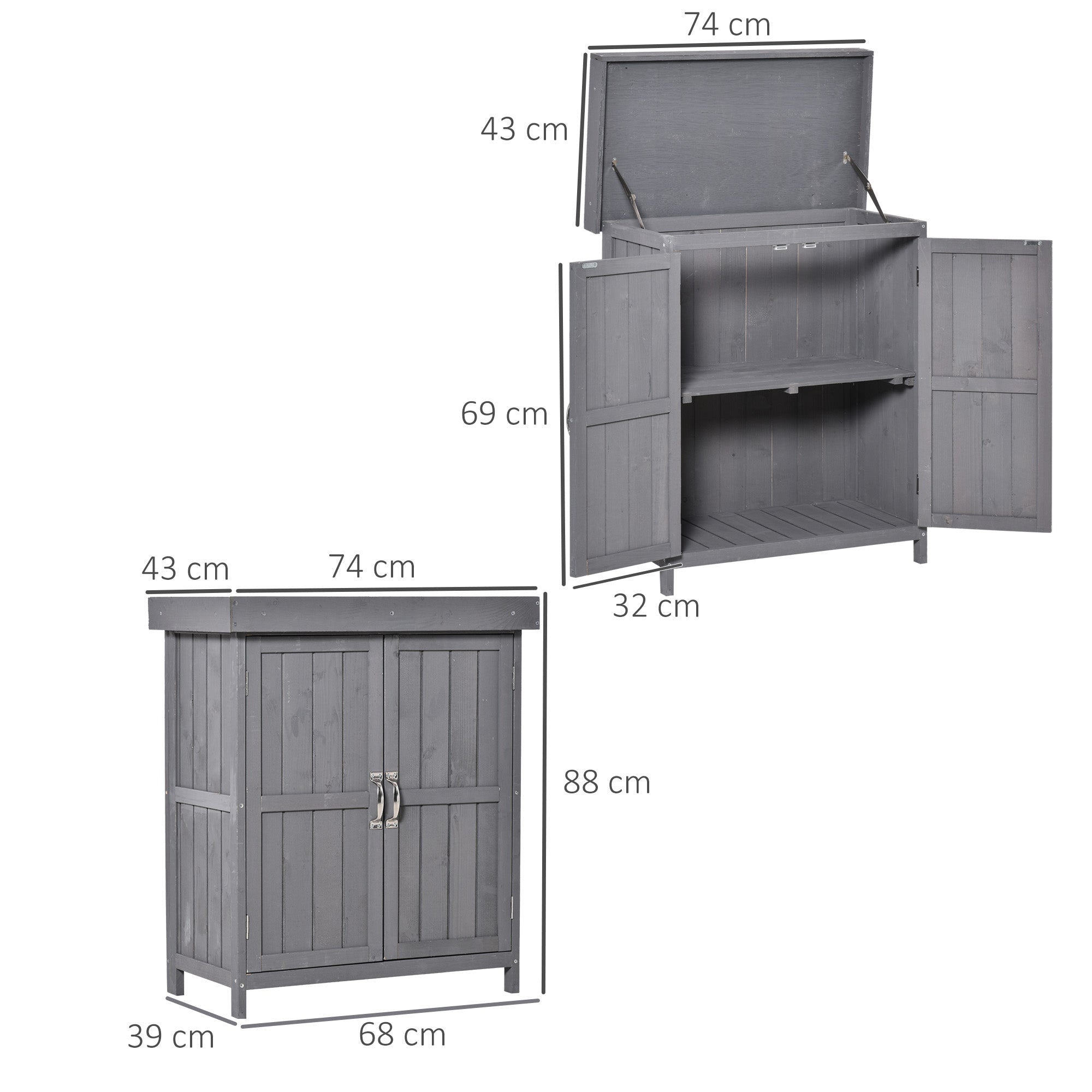 Gray wooden garden storage shed with hinged roof double doors outdoor storage cabinet for garden storage