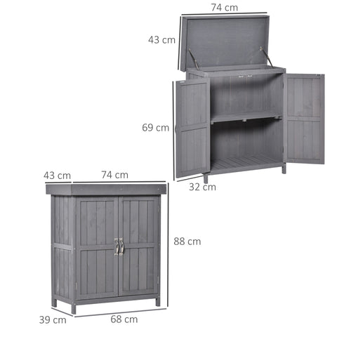 Gray wooden garden storage shed with hinged roof double doors outdoor storage cabinet for garden storage