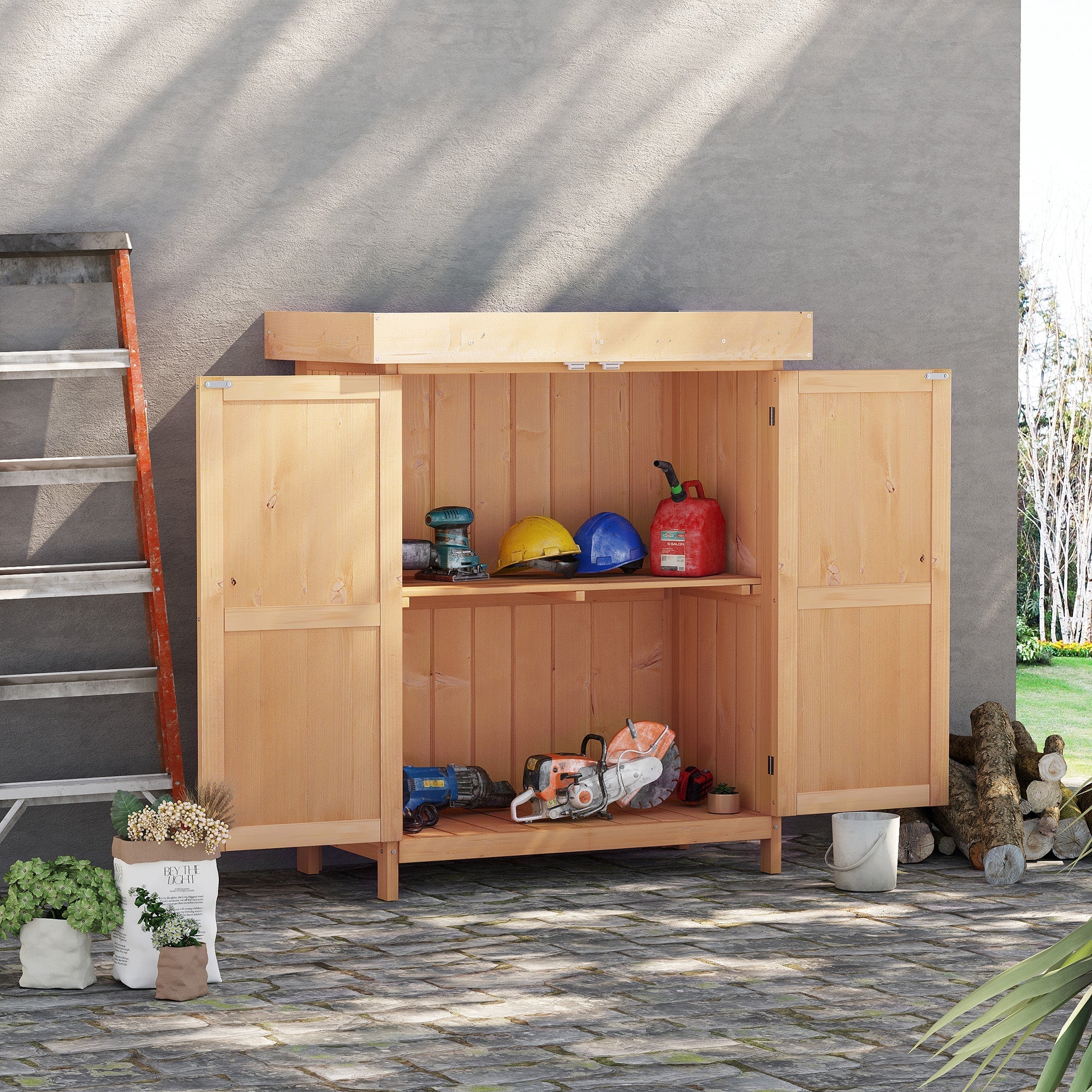 Outsunny burlywood wooden garden storage shed with double doors shelves for outdoor garden storage tools and equipment