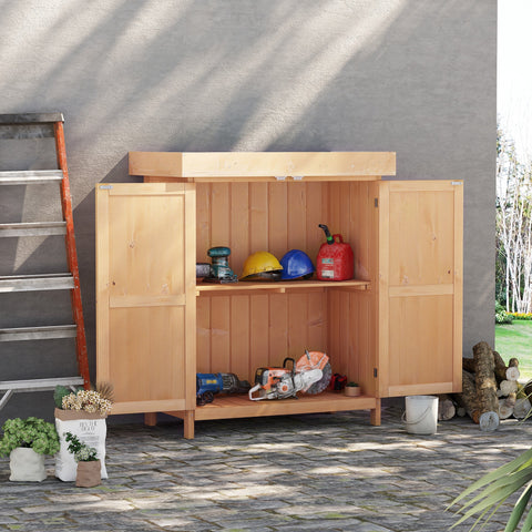 Outsunny burlywood wooden garden storage shed with double doors shelves for outdoor garden storage tools and equipment