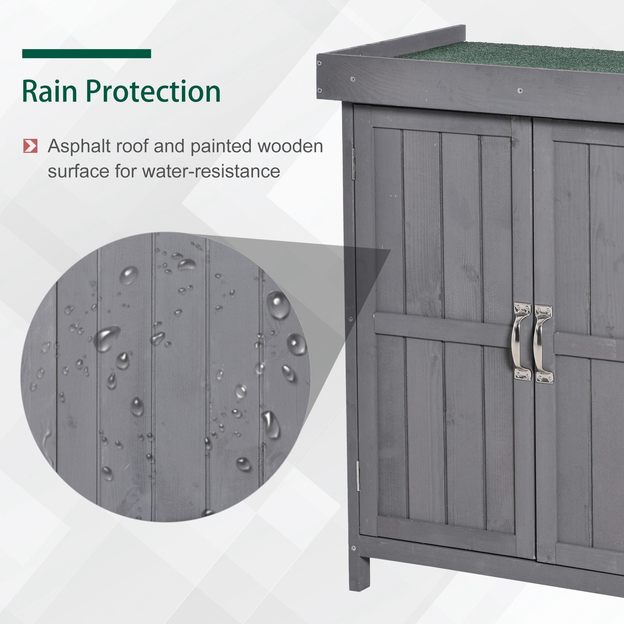Gray wooden outsunny garden storage shed with hinged roof and double doors for outdoor garden storage