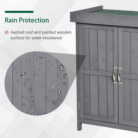 Gray wooden outsunny garden storage shed with hinged roof and double doors for outdoor garden storage