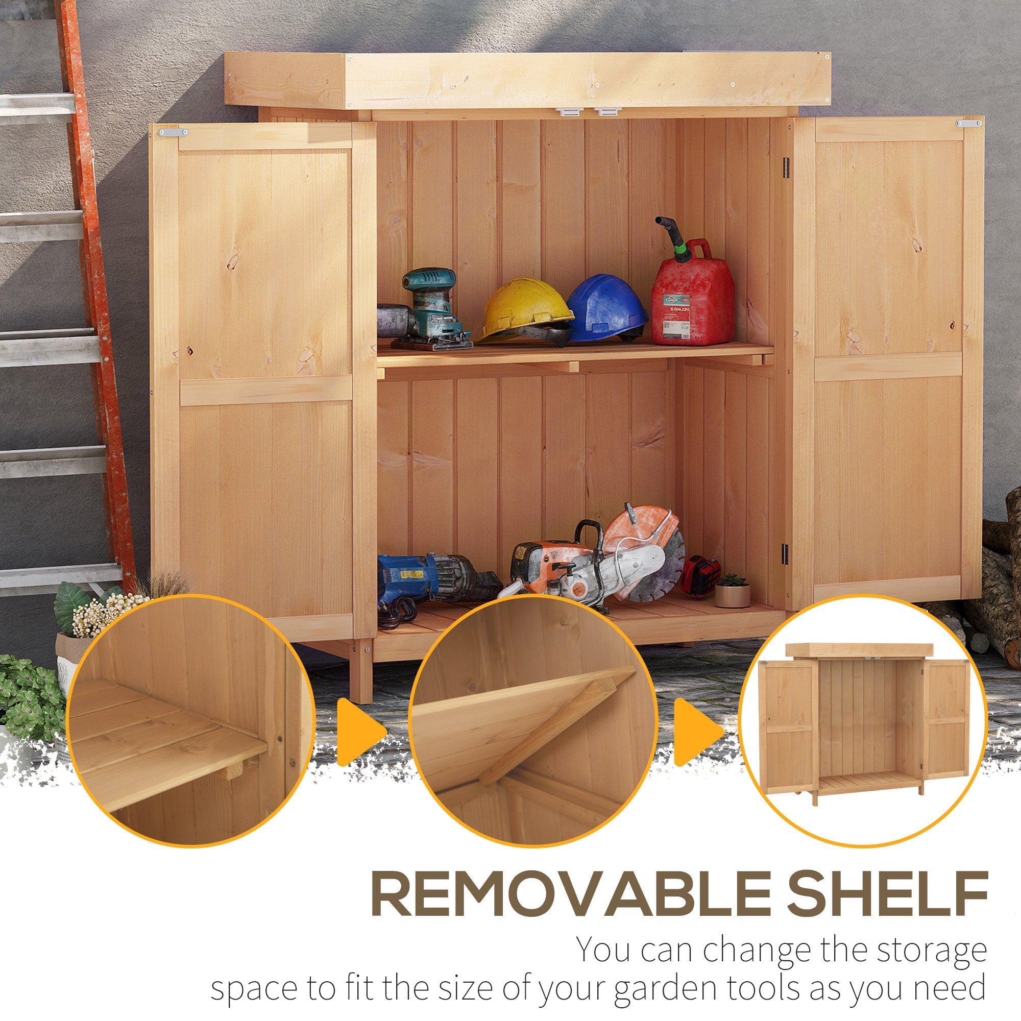 Light-colored wooden outsunny garden storage shed with hinged roof and removable shelves for adjustable storage