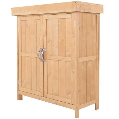 Light-colored burlywood wooden garden storage shed with double doors metal handle and hinged roof for outdoor use