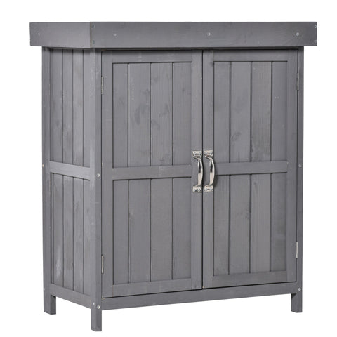 Gray wooden garden storage shed with vertical plank doors silver handles and hinged roof for outdoor use