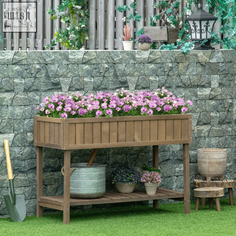 Brown fir wood raised garden bed with eight separate cubes 110l x 46w filled with vibrant purple flowers