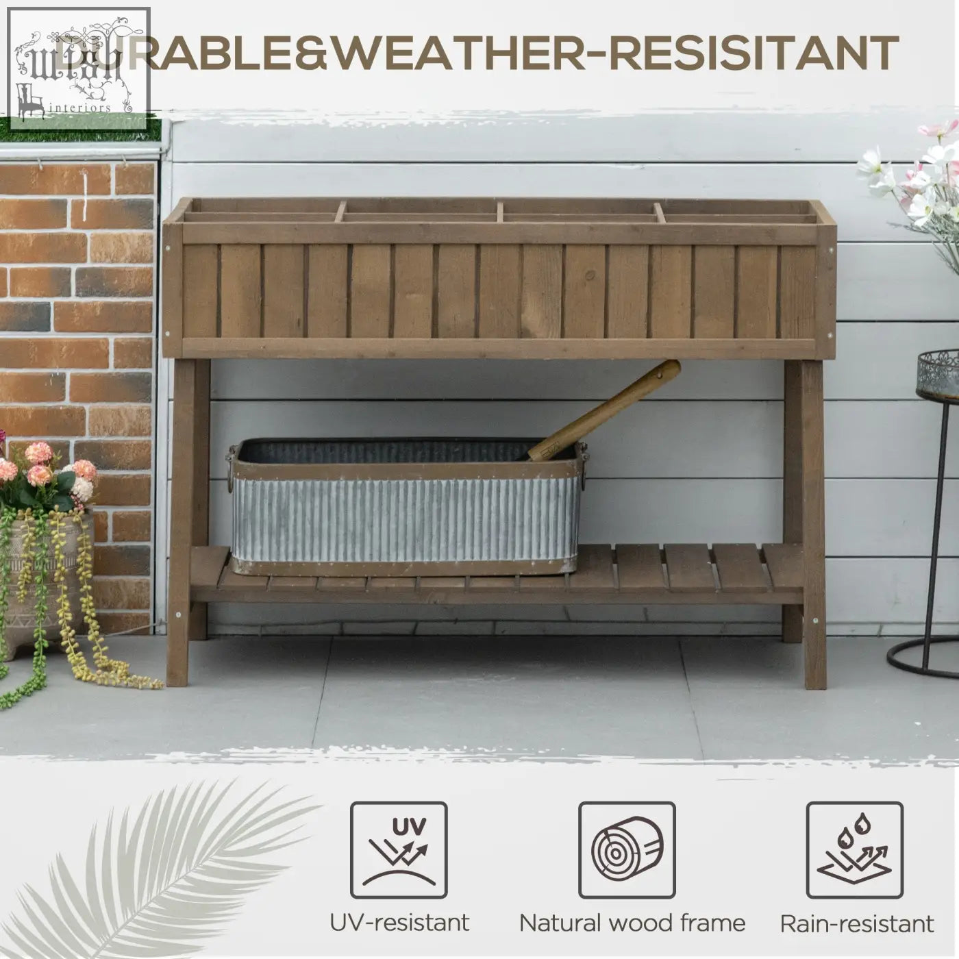 Brown fir wood wooden herb planter with eight separate cubes and rustic frame 110l x 46w x 76cm