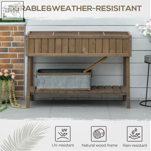Brown fir wood wooden herb planter with eight separate cubes and rustic frame 110l x 46w x 76cm