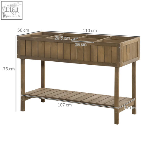 Brown fir wood garden planter with eight separate cubes and lower shelf 110l x 46w for raised herb bed