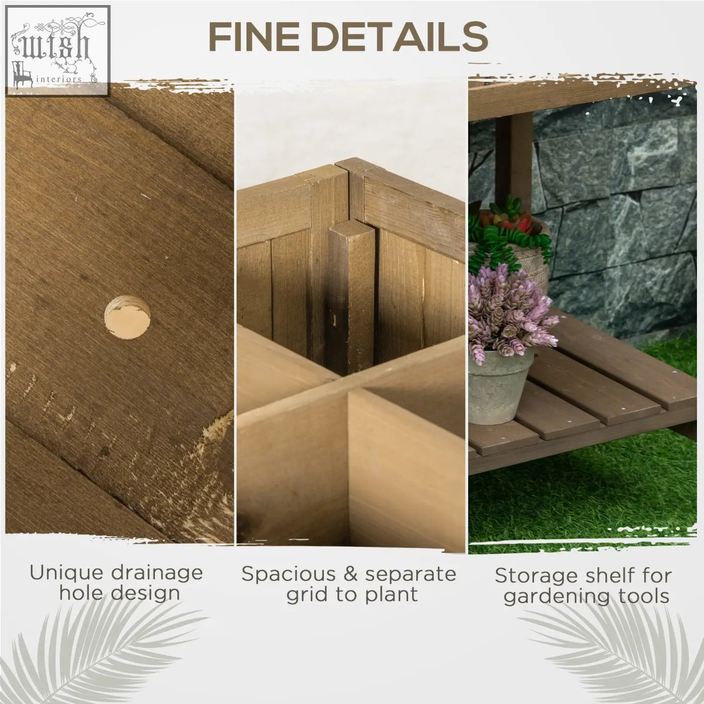 Brown fir wood herb planter with eight separate cubes 110l x 46w and unique drainage plus storage shelf