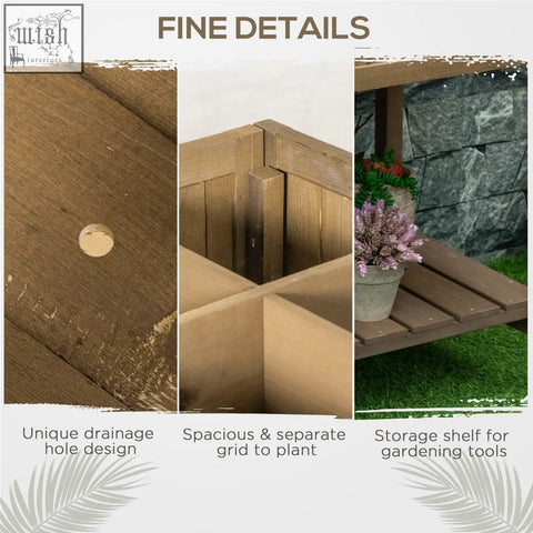 Brown fir wood herb planter with eight separate cubes 110l x 46w and unique drainage plus storage shelf