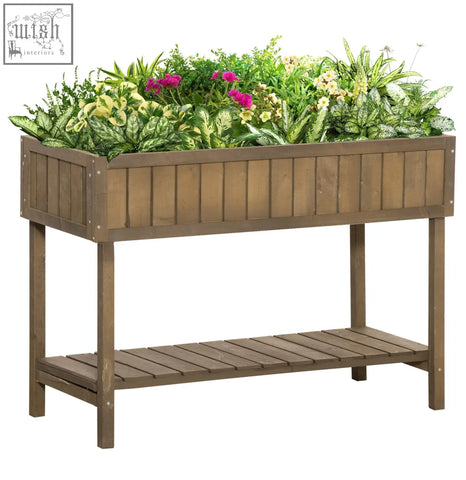 Brown fir wood outsunny wooden herb planter raised bed with eight separate cubes 110l x 46w filled with flowers