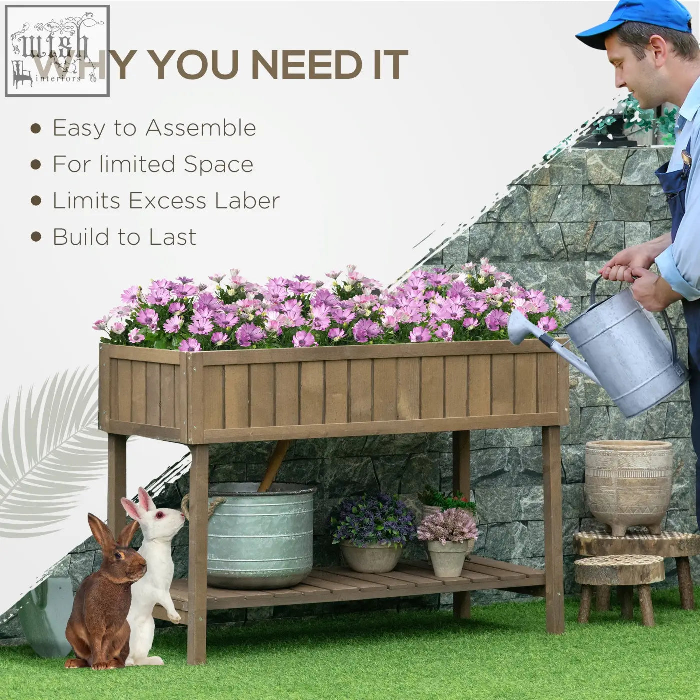 Brown fir wood raised garden bed with eight separate cubes 110l x 46w filled with purple flowers
