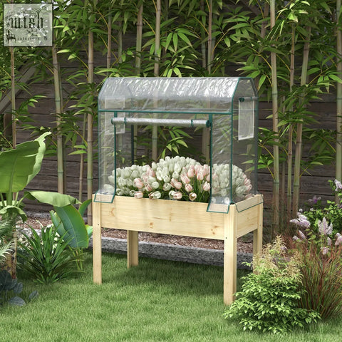 Outsunny wooden planter box with wooden base and green metal frame raised garden bed featuring plastic cover and tulips