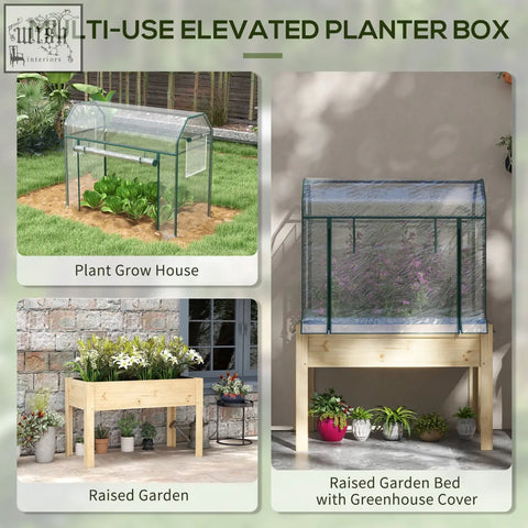 Outsunny wooden planter box with raised garden bed, wooden base, and clear plastic cover greenhouse for vegetables and herbs