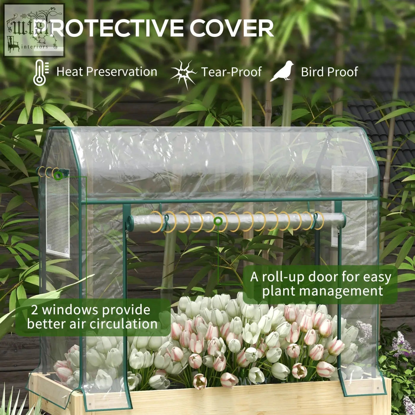Outsunny raised garden bed with wooden base and plastic cover greenhouse featuring green metal frame and roll-up door