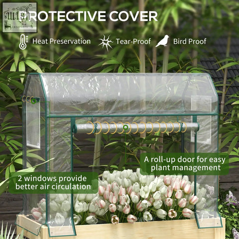 Outsunny raised garden bed with wooden base and plastic cover greenhouse featuring green metal frame and roll-up door
