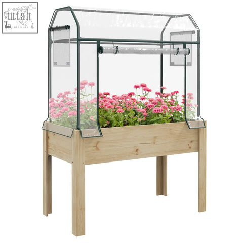 Outsunny raised garden bed with light wooden base and plastic cover greenhouse featuring black metal frame and vents