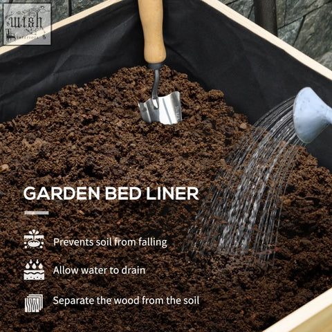 Black garden bed liner inside wooden base of outsunny raised garden bed with plastic cover for vegetables and herbs