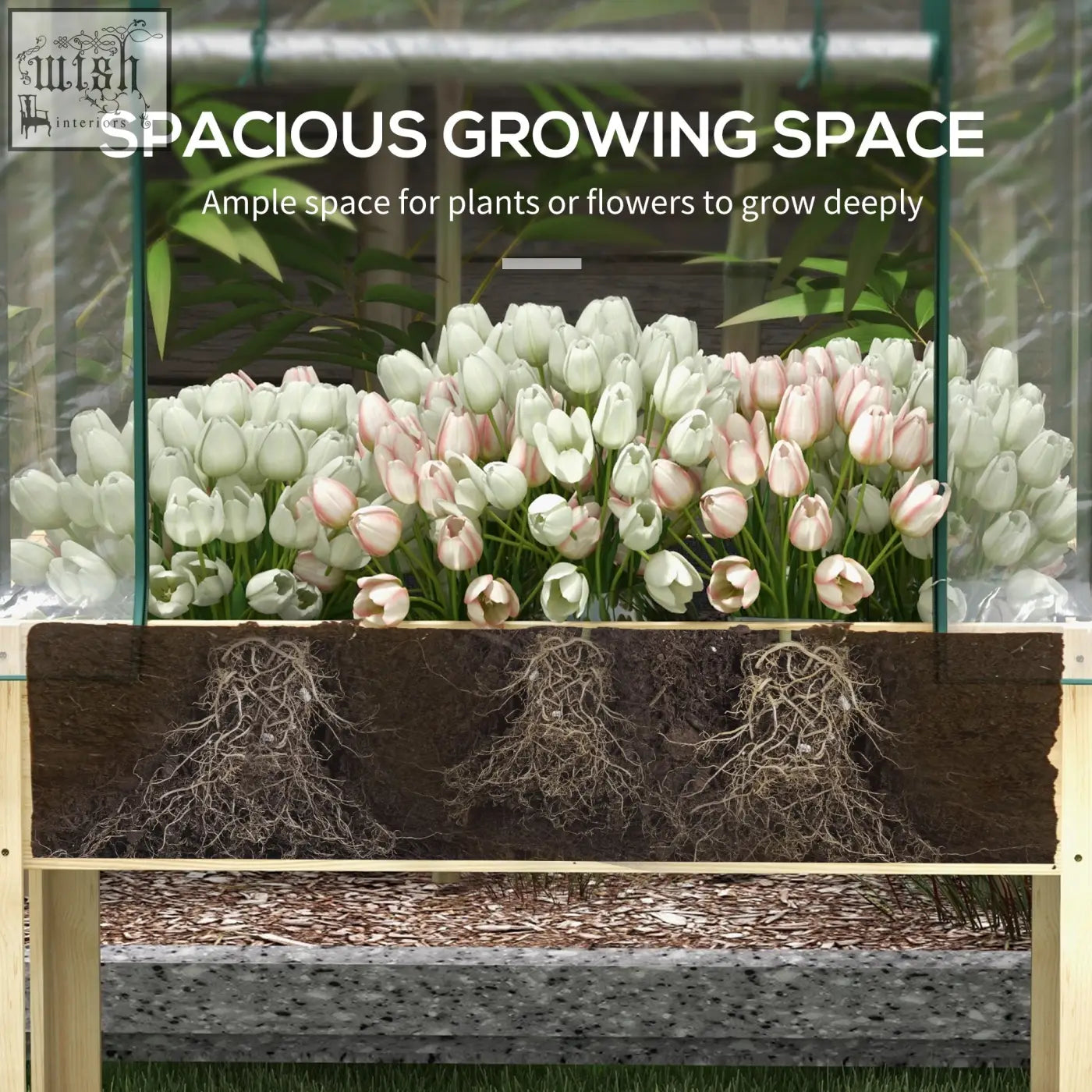 Outsunny wooden planter box with wooden base and plastic cover showing pink and white tulips in a raised garden bed