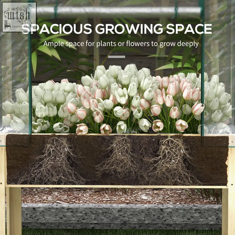 Outsunny wooden planter box with wooden base and plastic cover showing pink and white tulips in a raised garden bed