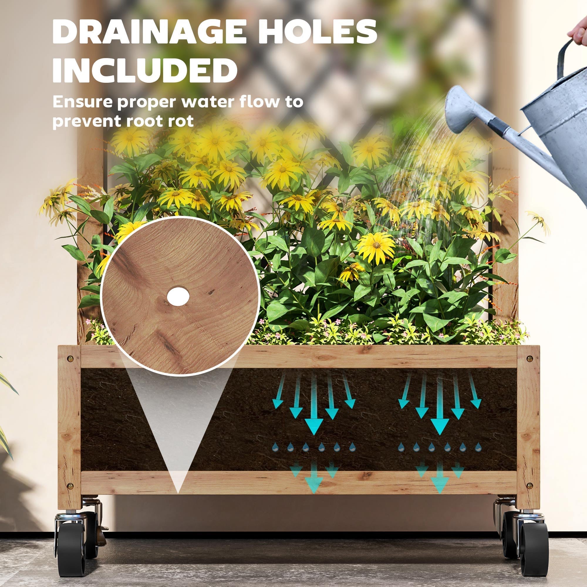 Outsunny wooden planter with metal trellis brown black showing drainage holes and wheels for easy mobility
